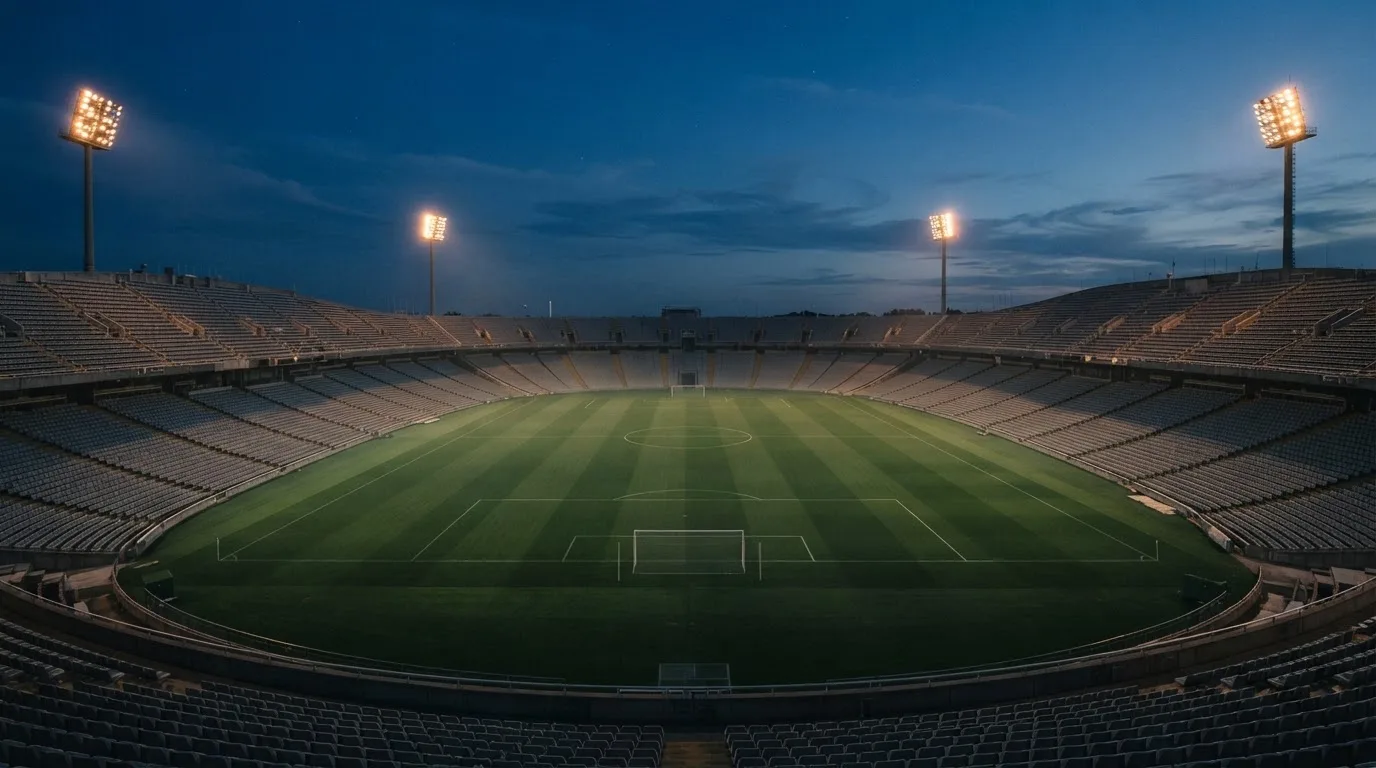 An empty football stadium with floodlight masts at dusk