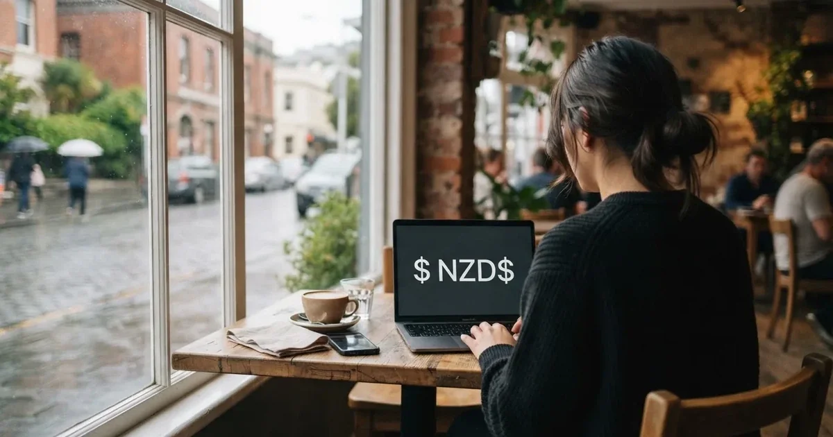 A laptop on a café table by a window onto the street