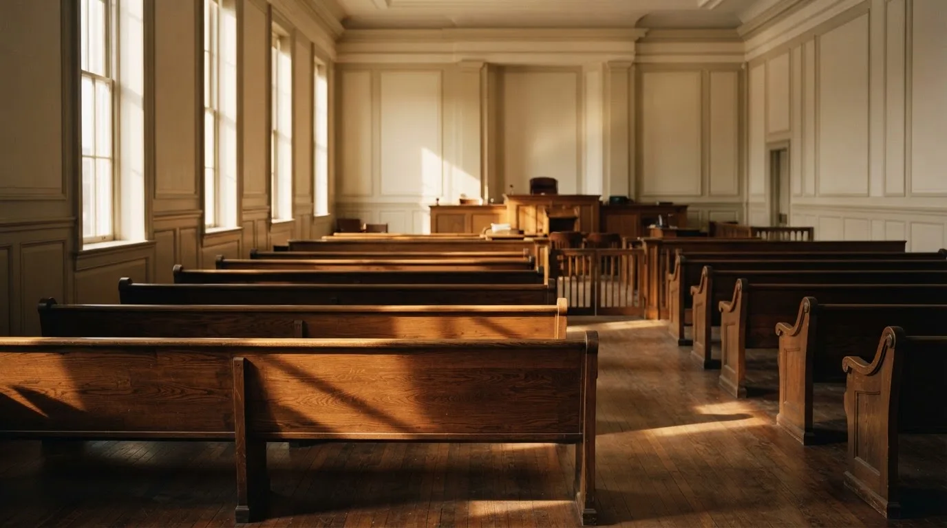 An empty courtroom with wooden benches in morning light