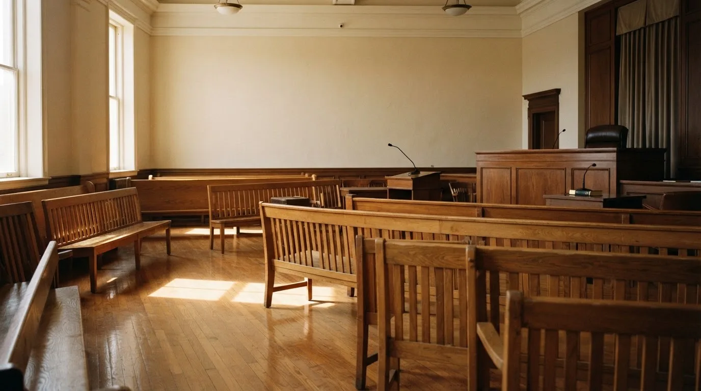 An empty courtroom with wooden benches in morning light