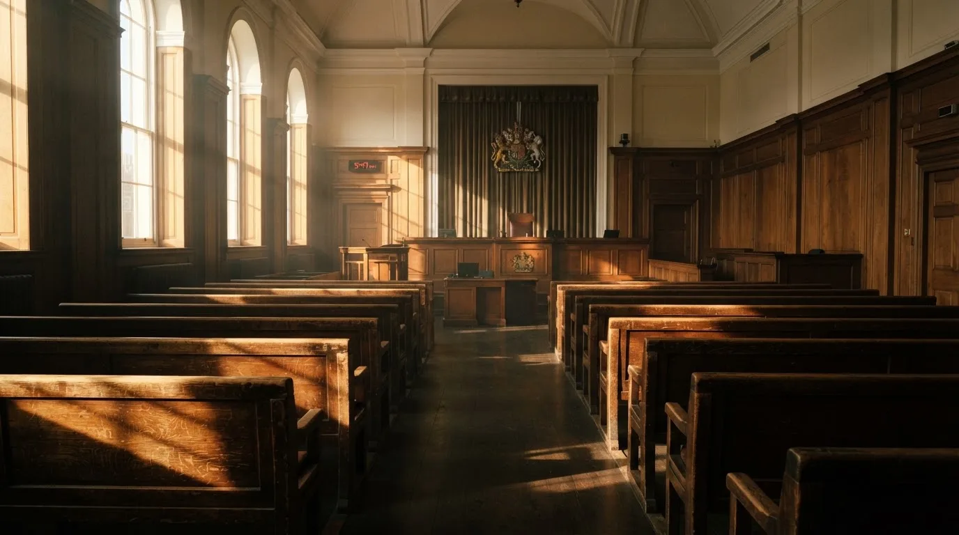 An empty courtroom with wooden benches in morning light