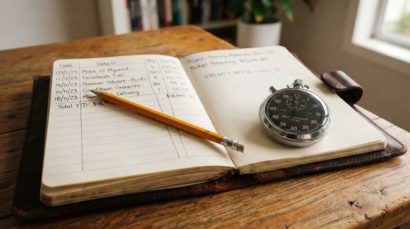 An open notebook with a pencil and a stopwatch on a wooden table