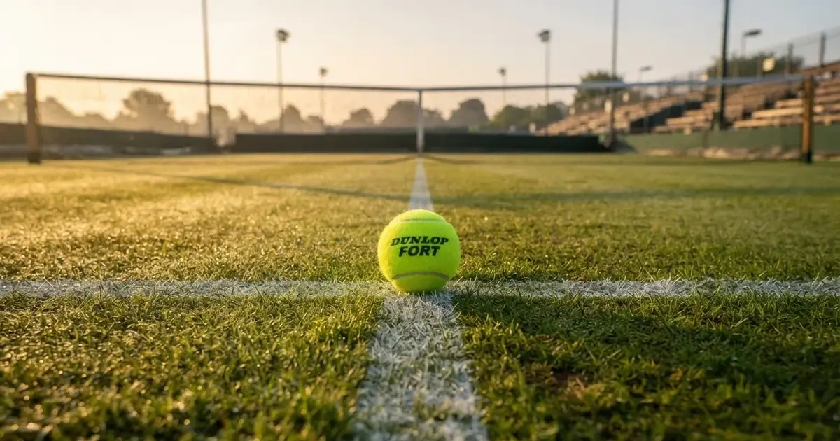 A ball on the centre spot of a grass pitch in morning light