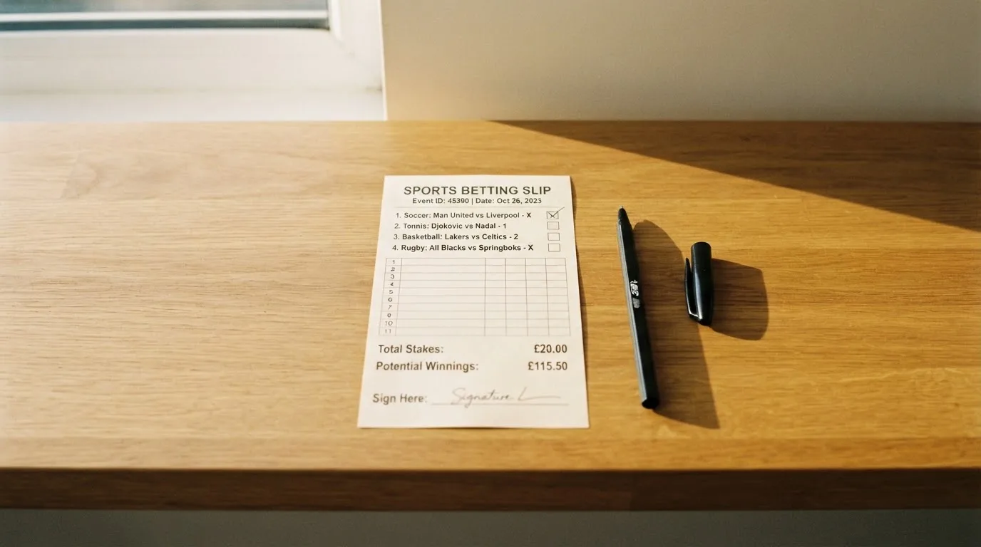 A blank paper betting slip beside a pen on a wooden counter